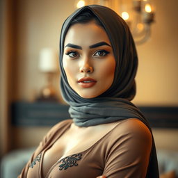 A sensual and tasteful depiction of an attractive woman wearing a stylish, form-fitting hijab that elegantly accentuates her features