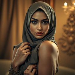 A sensual and tasteful depiction of an attractive woman wearing a stylish, form-fitting hijab that elegantly accentuates her features