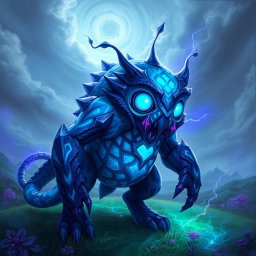 A creature resembling the Disruptor from Dota 2, featuring a unique blend of vibrant blue and dark purple colors