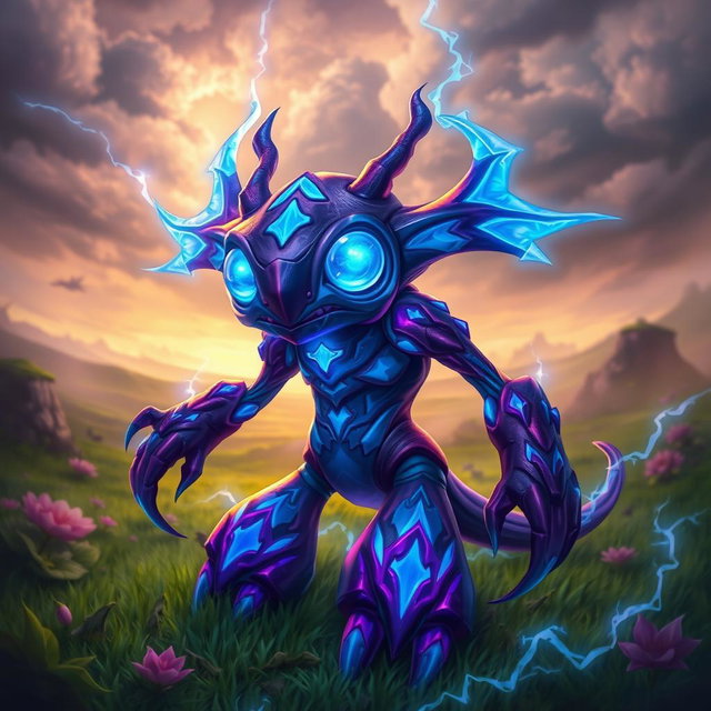 A creature resembling the Disruptor from Dota 2, featuring a unique blend of vibrant blue and dark purple colors