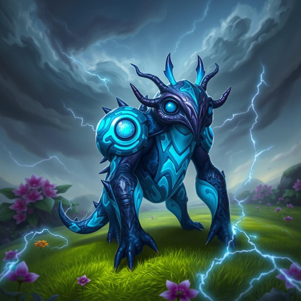A creature resembling the Disruptor from Dota 2, featuring a unique blend of vibrant blue and dark purple colors