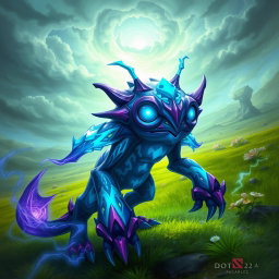 A creature resembling the Disruptor from Dota 2, featuring a unique blend of vibrant blue and dark purple colors