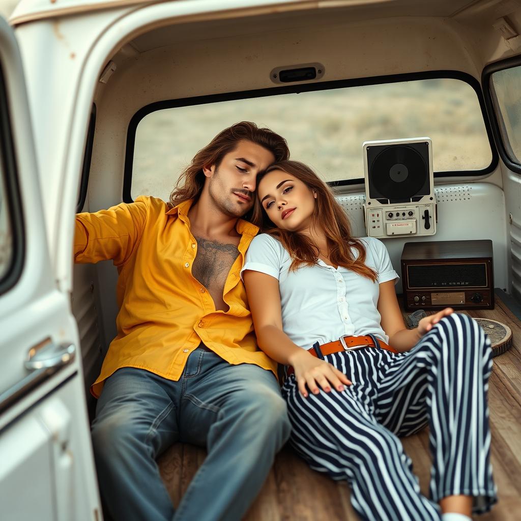A hipster girl and a hipster boy lying together in a vintage white pickup truck, with the boy resting his head on the girl's lap