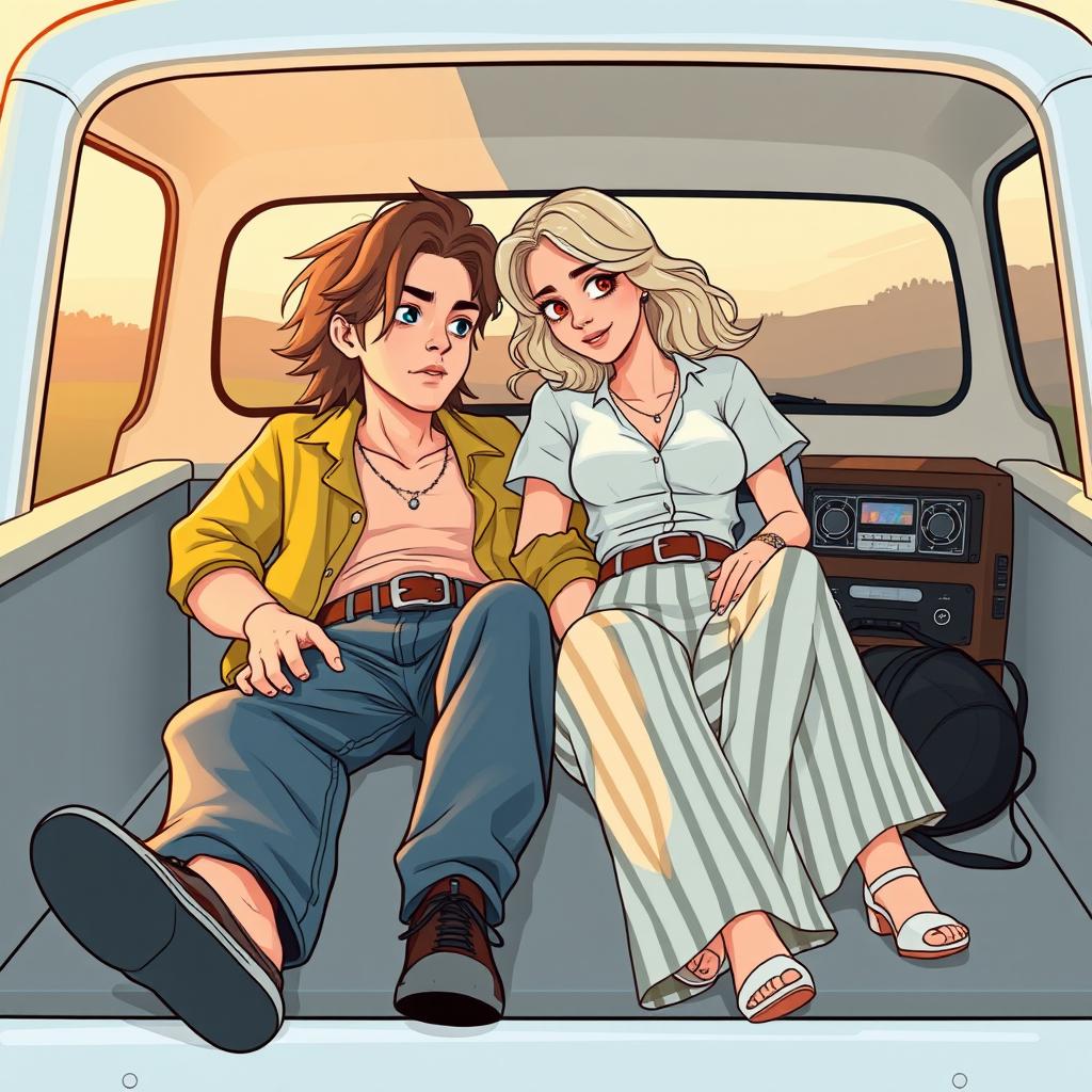A cartoon but realistic depiction of a hipster girl and a hipster boy lounging in a vintage white pickup truck