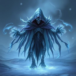 A creature resembling Ancient Apparition from Dota 2, featuring an ethereal, ghostly appearance with a blend of icy blue and dark purple hues