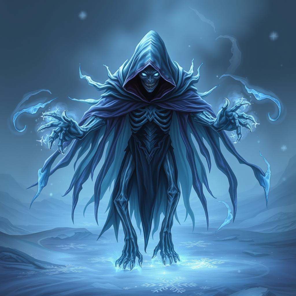 A creature resembling Ancient Apparition from Dota 2, featuring an ethereal, ghostly appearance with a blend of icy blue and dark purple hues