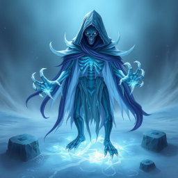 A creature resembling Ancient Apparition from Dota 2, featuring an ethereal, ghostly appearance with a blend of icy blue and dark purple hues