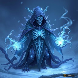 A creature resembling Ancient Apparition from Dota 2, featuring an ethereal, ghostly appearance with a blend of icy blue and dark purple hues