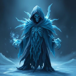 A creature resembling Ancient Apparition from Dota 2, featuring an ethereal, ghostly appearance with a blend of icy blue and dark purple hues