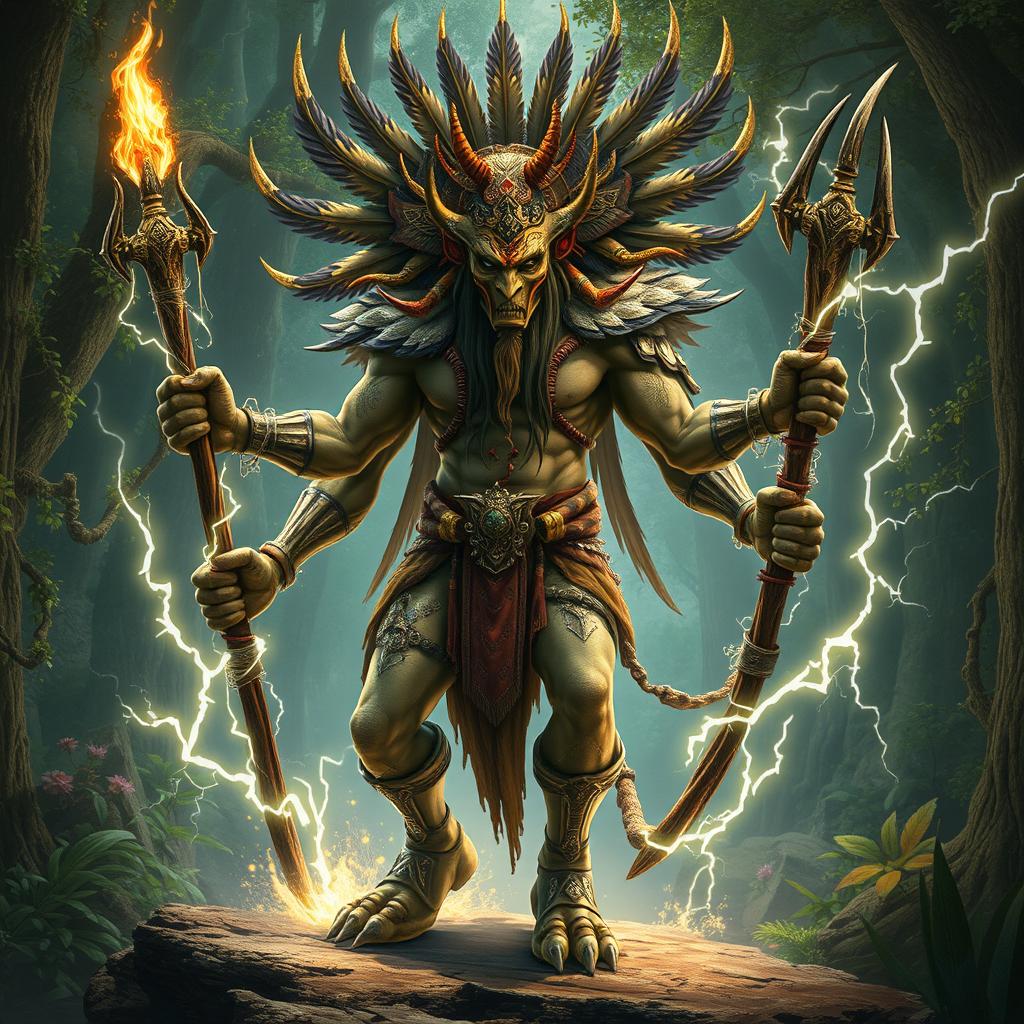 A powerful, mystical creature with shamanistic elements, embodying characteristics reminiscent of nature spirits or elementals