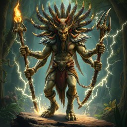 A powerful, mystical creature with shamanistic elements, embodying characteristics reminiscent of nature spirits or elementals
