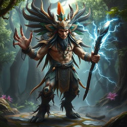 A powerful, mystical creature with shamanistic elements, embodying characteristics reminiscent of nature spirits or elementals