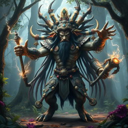 A powerful, mystical creature with shamanistic elements, embodying characteristics reminiscent of nature spirits or elementals