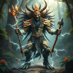 A powerful, mystical creature with shamanistic elements, embodying characteristics reminiscent of nature spirits or elementals