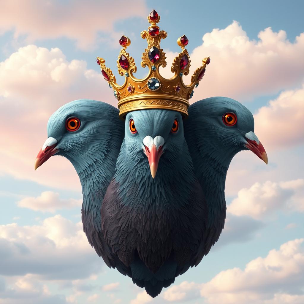 A surreal and imaginative portrayal of three pigeon heads seamlessly merging together at the center, forming a unique, cohesive structure