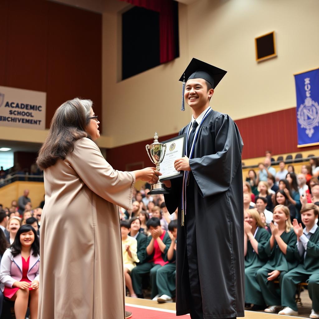 A proud student standing on a stage receiving an award for academic achievement, wearing a graduation cap and gown, surrounded by a cheering audience