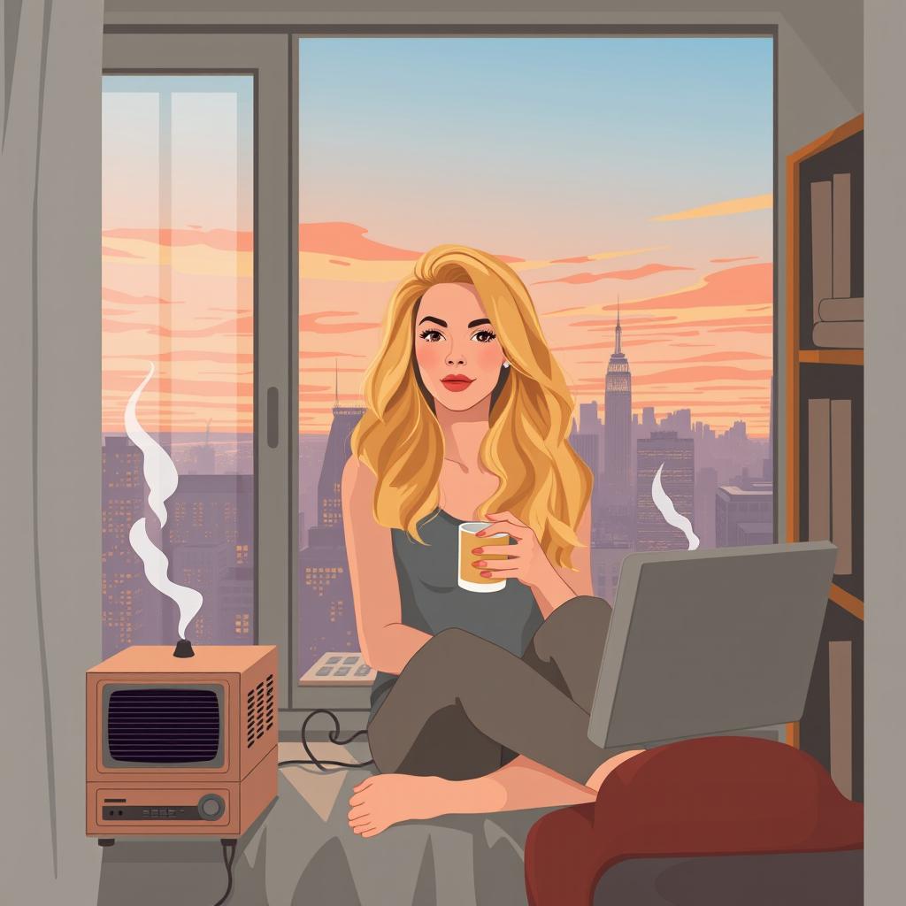 A book cover design in vector art style featuring a cozy and lighthearted scene of a young woman inspired by Carrie Bradshaw, a 21-year-old blonde with long, curly hair, comfortably sitting by her apartment window