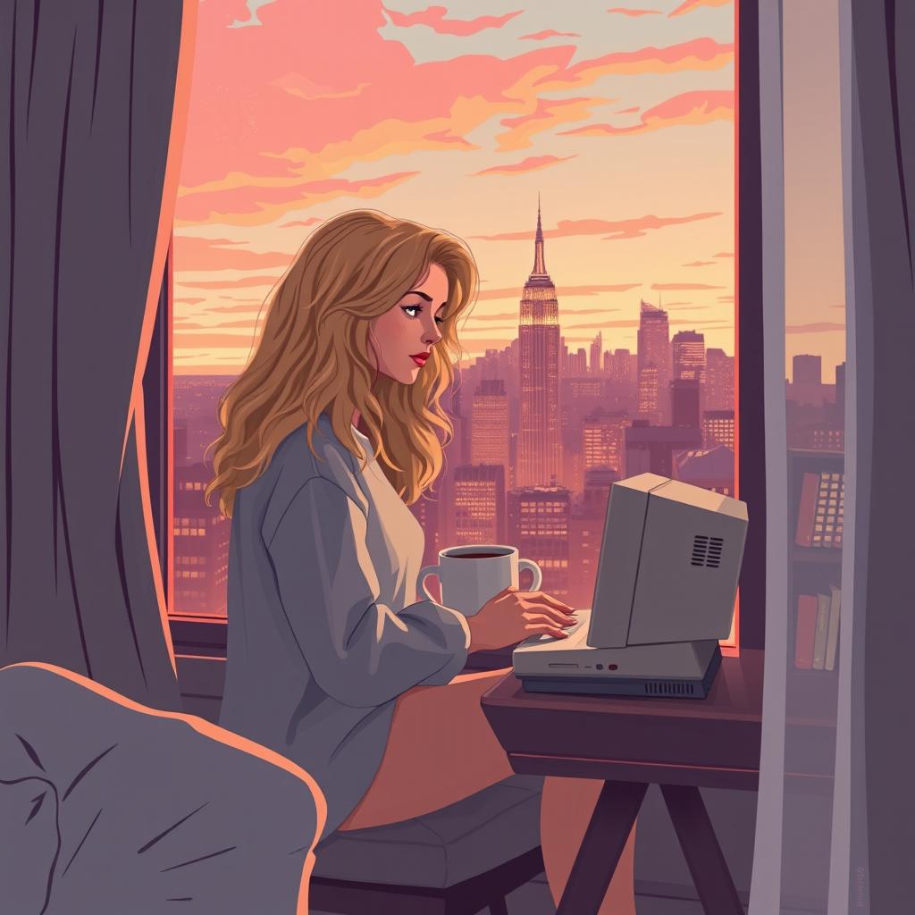 A charming book cover design in vector art style showcasing a cozy and lighthearted scene featuring a young woman reminiscent of Carrie Bradshaw—a 21-year-old blonde with long, curly hair—sitting by her apartment window