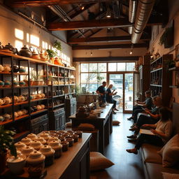 A cozy tea shop interior with warm lighting and rustic wooden beams