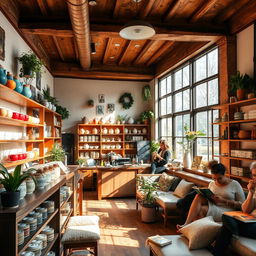 A cozy tea shop interior with warm lighting and rustic wooden beams