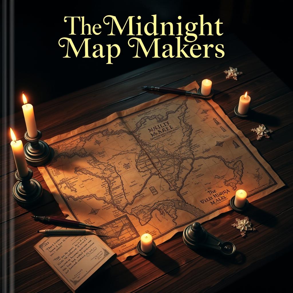 A captivating book cover for 'The Midnight Map Makers', featuring an intricately detailed vintage map spread out on a wooden table, illuminated by warm candlelight