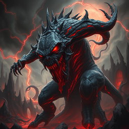 A towering grotesque monster representing dark desires and unrestrained chaos, with sharp, angular, inhuman features