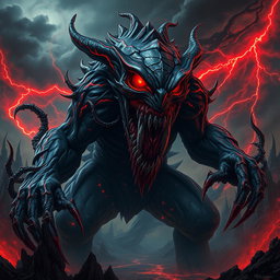 A towering grotesque monster representing dark desires and unrestrained chaos, with sharp, angular, inhuman features