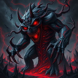 A towering grotesque monster representing dark desires and unrestrained chaos, with sharp, angular, inhuman features