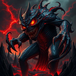 A towering grotesque monster representing dark desires and unrestrained chaos, with sharp, angular, inhuman features