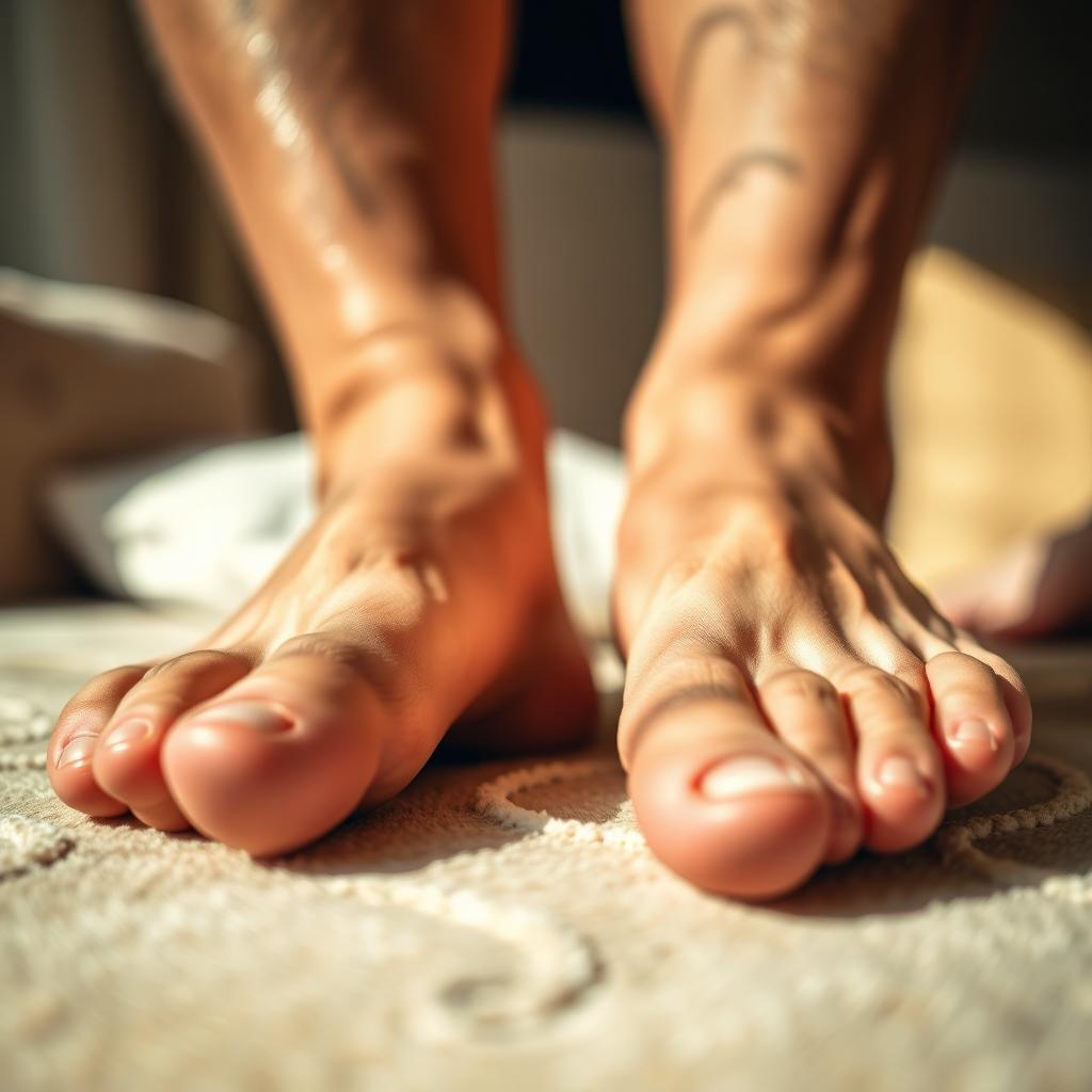 A close-up shot of a pair of handsome male feet, perfectly pedicured, showcasing a strong and masculine aesthetic