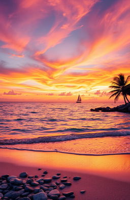 A visually stunning scene depicting a coastal sunset, with vibrant orange and pink hues painting the sky