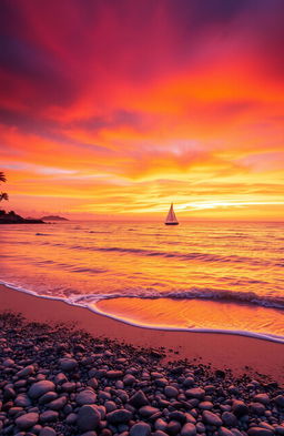 A visually stunning scene depicting a coastal sunset, with vibrant orange and pink hues painting the sky