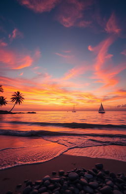 A visually stunning scene depicting a coastal sunset, with vibrant orange and pink hues painting the sky