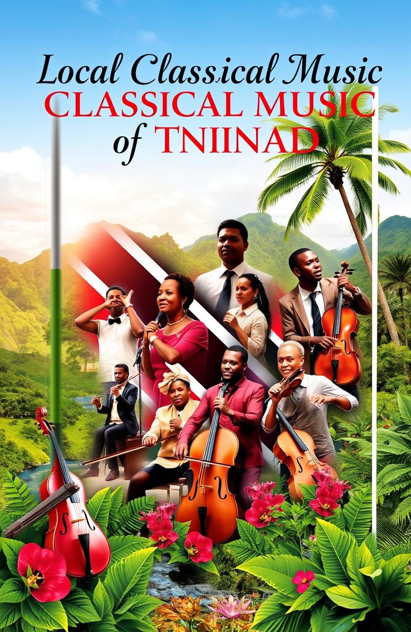 A vibrant and colorful book cover design for a book titled 'Local Classical Music of Trinidad