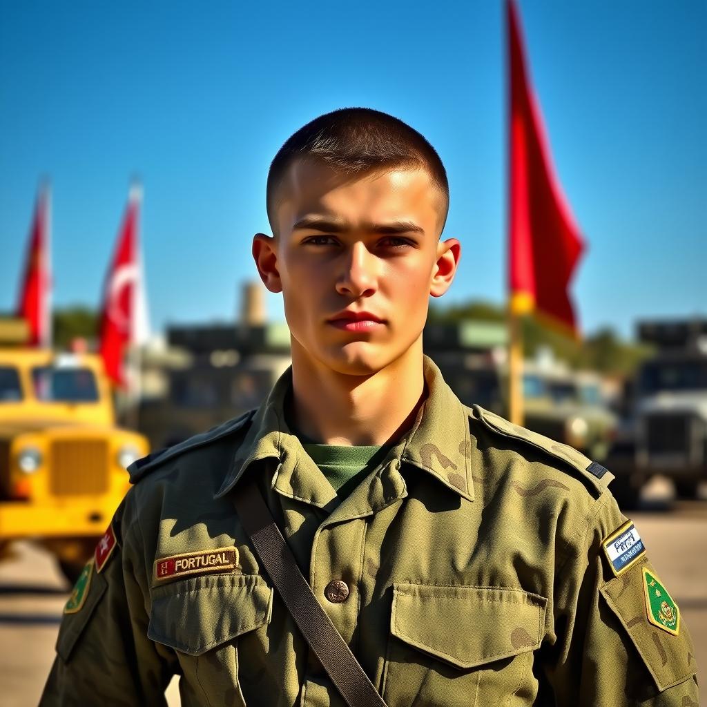 A young Portuguese soldier in full military uniform, showcasing a proud stance