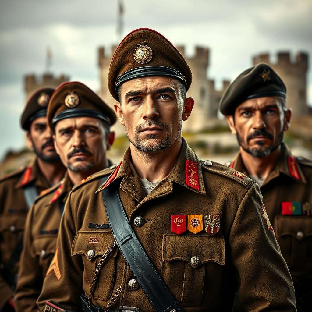 A powerful and striking portrait of Portuguese military men in uniform, showcasing their traditional uniforms with distinct details like badges and insignia