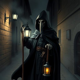 A detailed and atmospheric depiction of a plague doctor in traditional attire, wearing a long dark cloak and a beaked mask