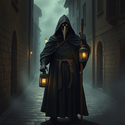 A detailed and atmospheric depiction of a plague doctor in traditional attire, wearing a long dark cloak and a beaked mask
