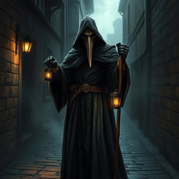 A detailed and atmospheric depiction of a plague doctor in traditional attire, wearing a long dark cloak and a beaked mask
