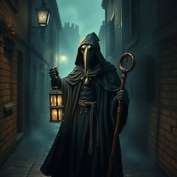 A detailed and atmospheric depiction of a plague doctor in traditional attire, wearing a long dark cloak and a beaked mask