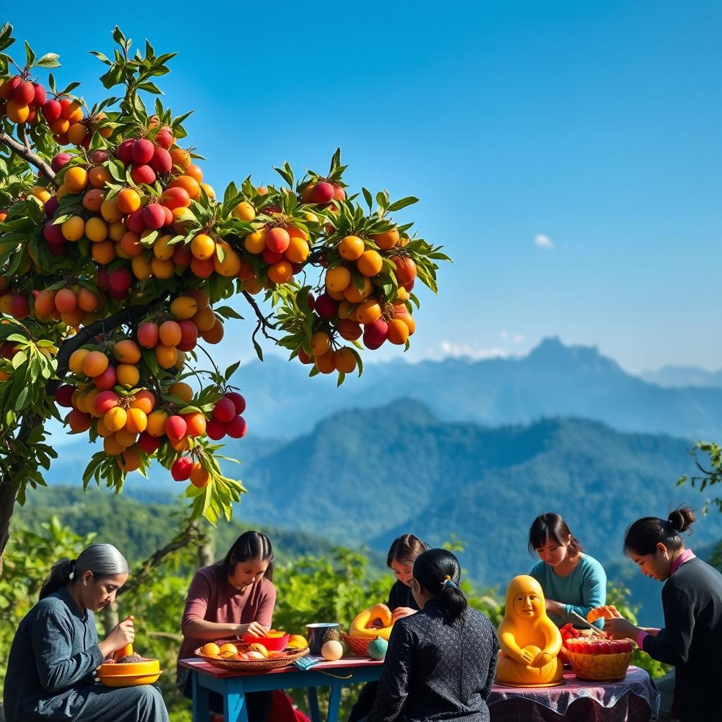 A scenic mountain landscape featuring a lush fruit tree bursting with colorful fruits