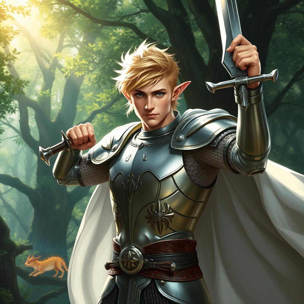A male half-elf paladin with striking blonde hair, dressed in a shining silver plate armor