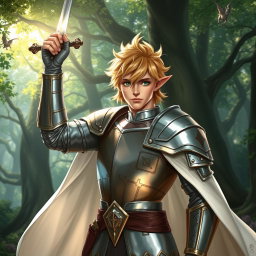 A male half-elf paladin with striking blonde hair, dressed in a shining silver plate armor