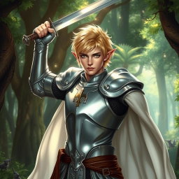 A male half-elf paladin with striking blonde hair, dressed in a shining silver plate armor