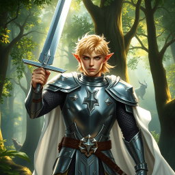 A male half-elf paladin with striking blonde hair, dressed in a shining silver plate armor