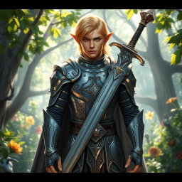 A male half-elf paladin with lustrous blonde hair, standing valiantly with a massive greatsword strapped across his back