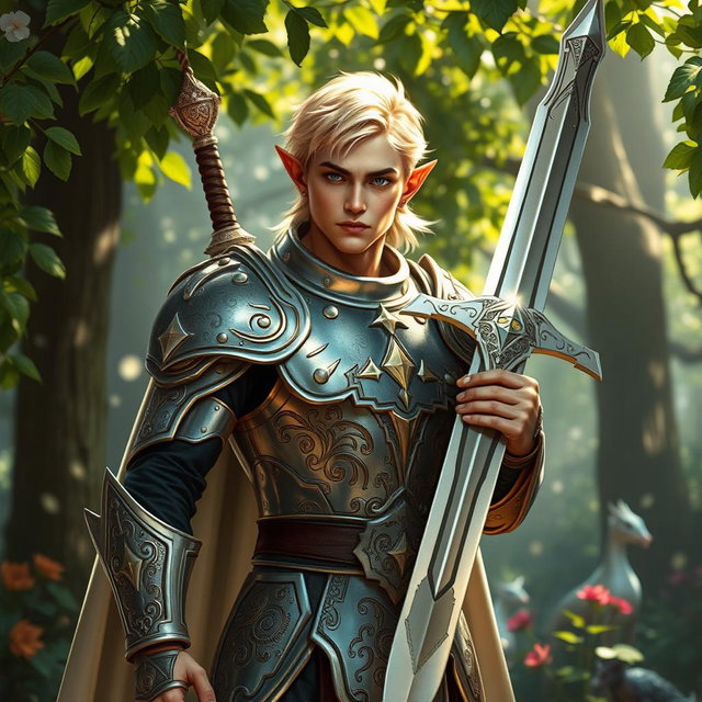 A male half-elf paladin with lustrous blonde hair, standing valiantly with a massive greatsword strapped across his back