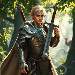 A male half-elf paladin with lustrous blonde hair, standing valiantly with a massive greatsword strapped across his back