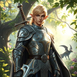 A male half-elf paladin with lustrous blonde hair, standing valiantly with a massive greatsword strapped across his back