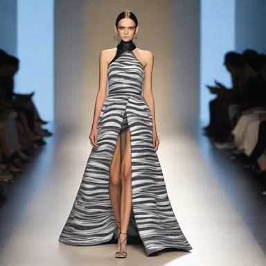 The agraphic design on the dress made it a unique and eye-catching piece on the runway.
